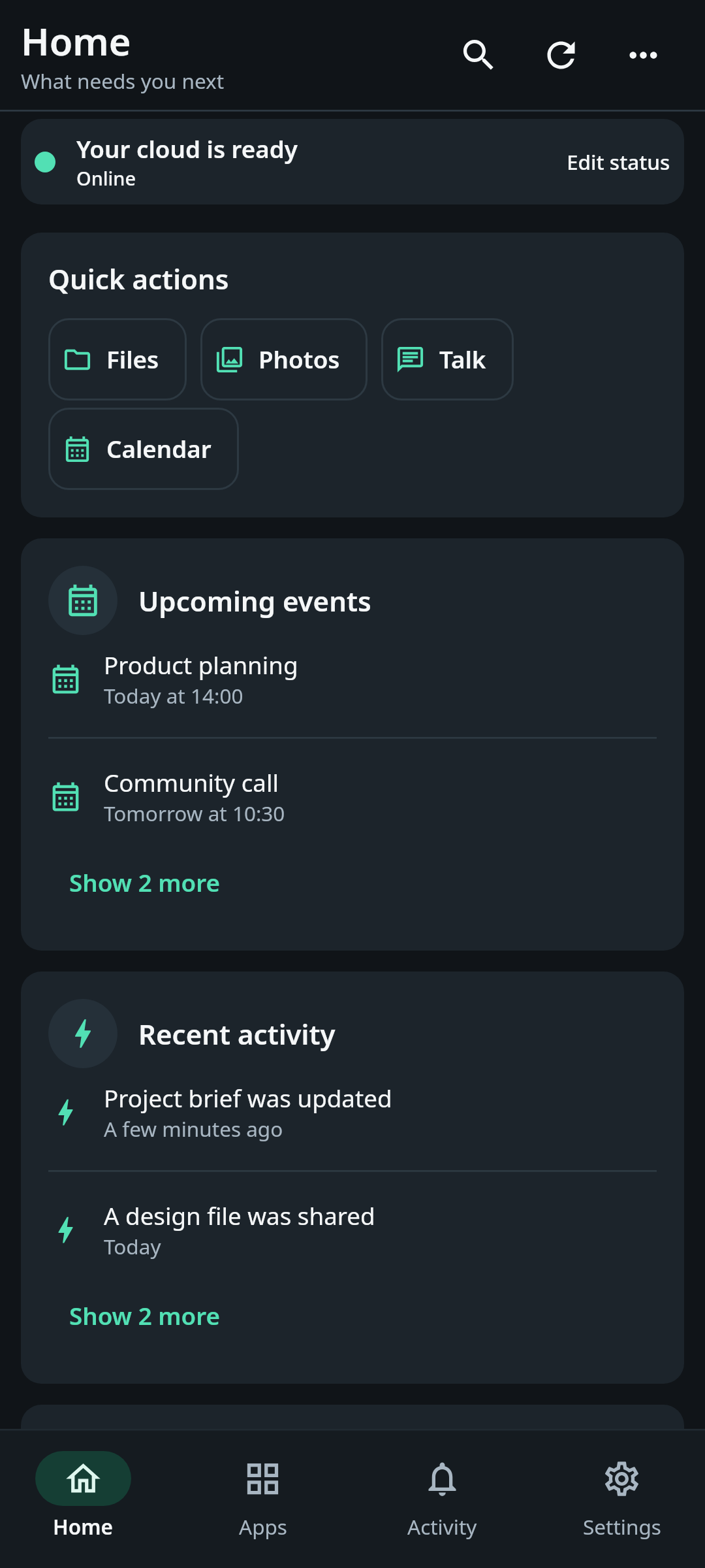 nati.ve mobile home with files, conversations, events, and sync status